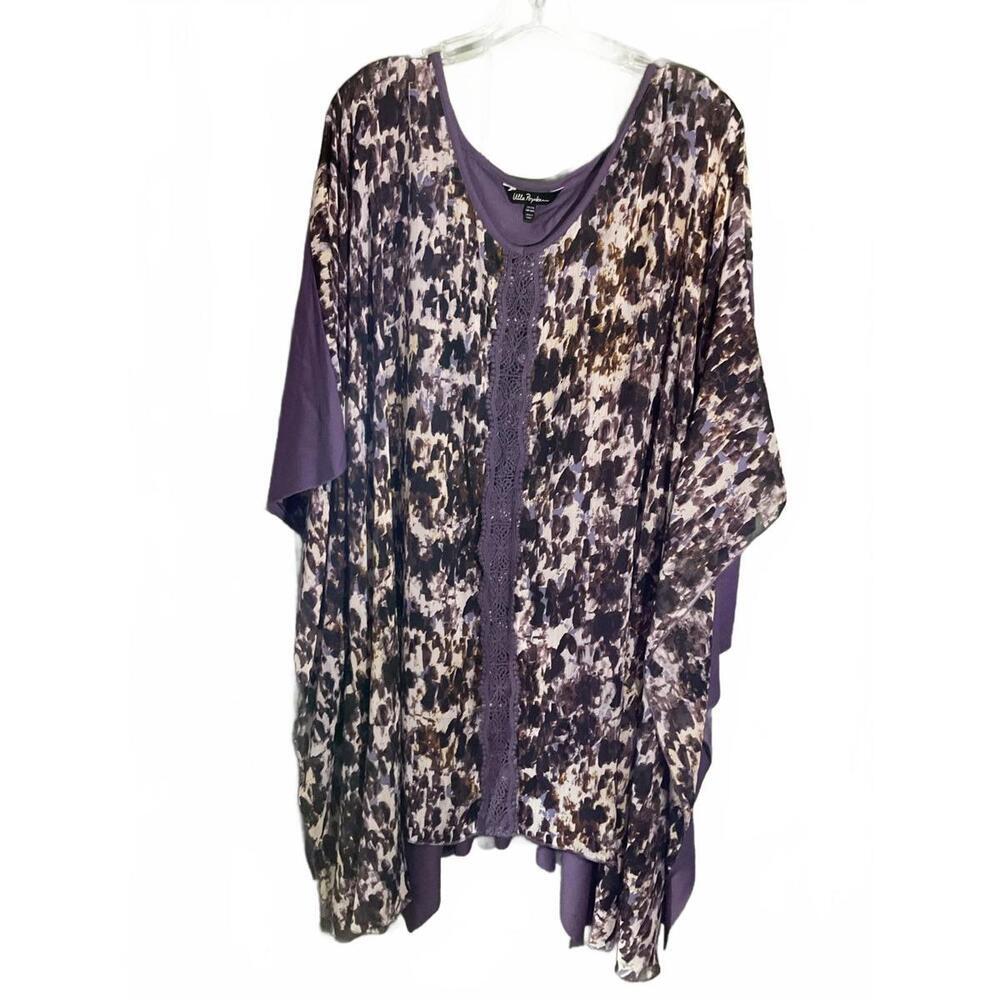 Ulla Popken Purple/ Black  Animal Print Kaftan with Crochet Detail 3X